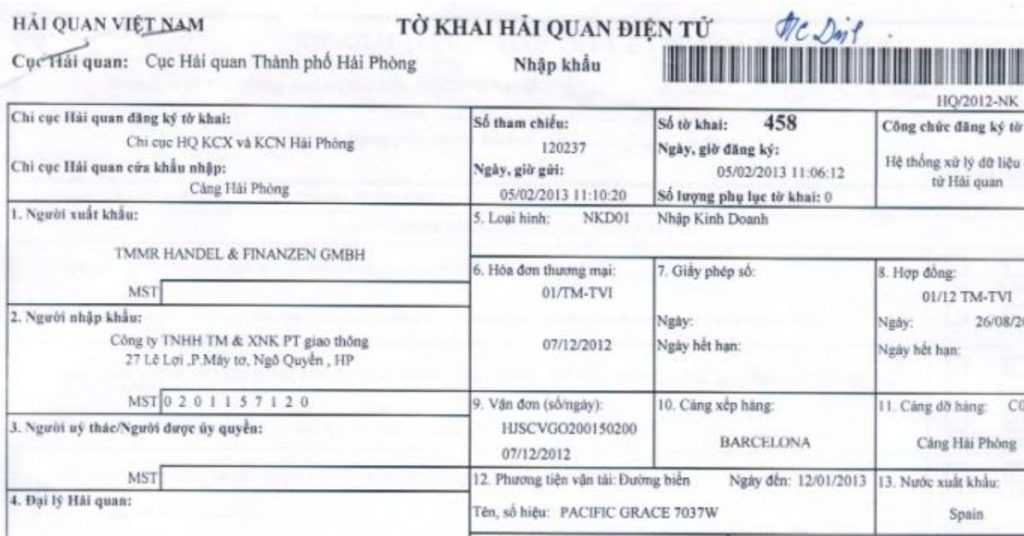 Tờ Khai Hải Quan 