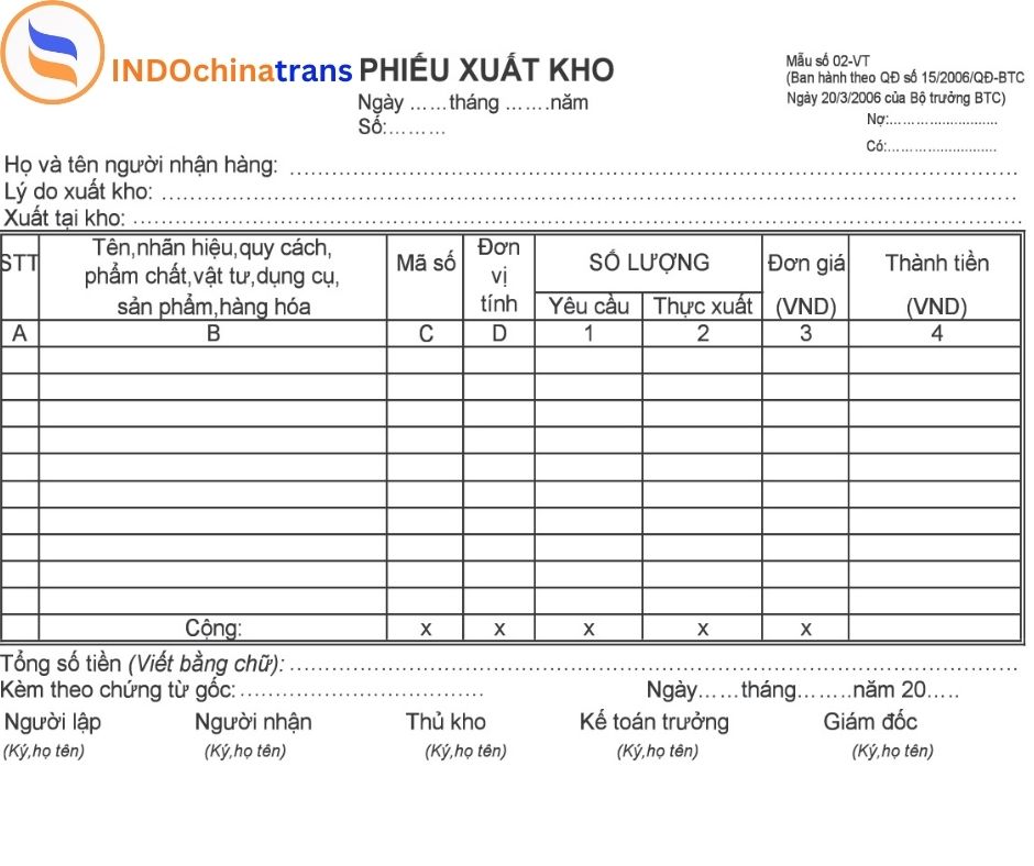 Phiếu xuất kho - Vận tải hàng hóa INDOCHINATRANS